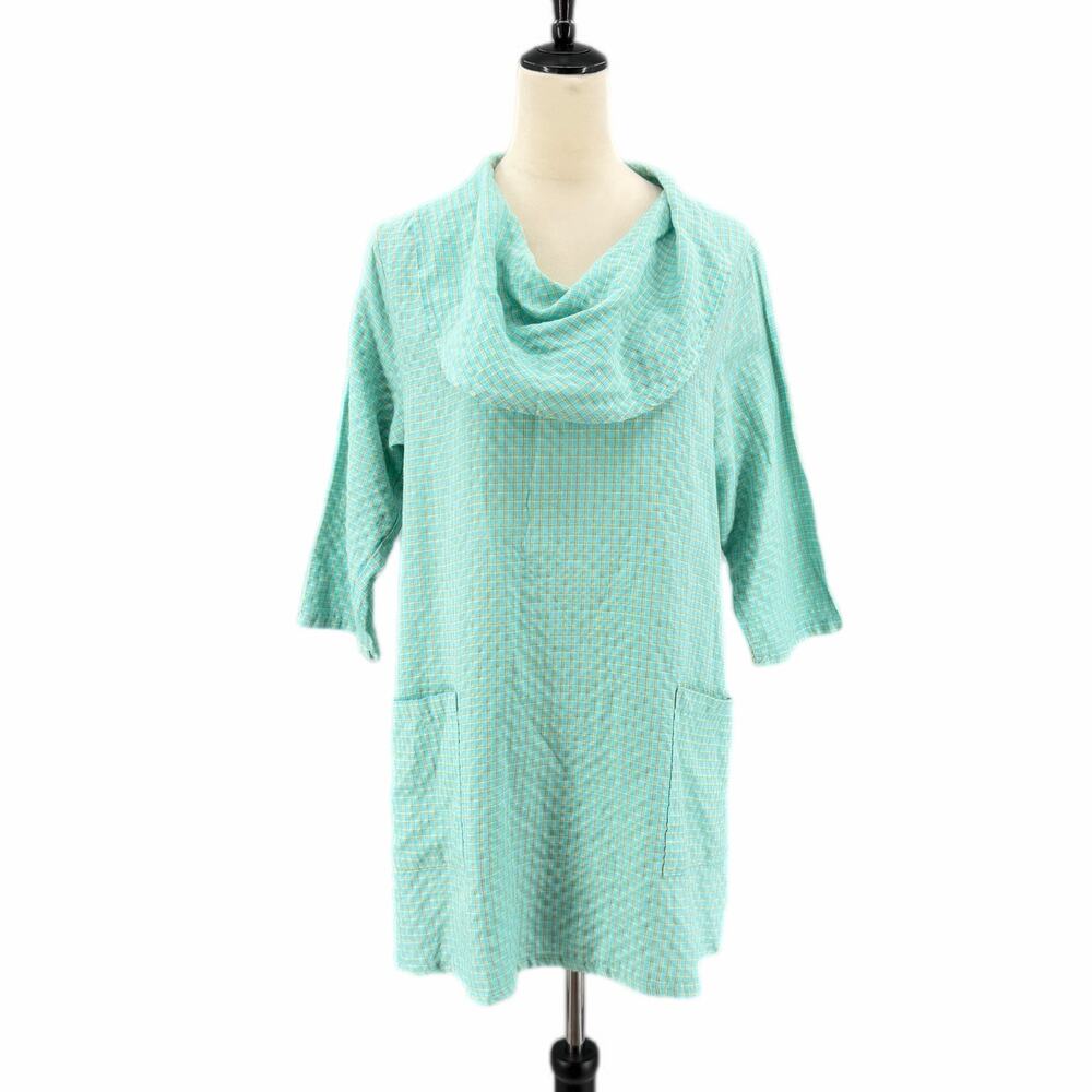 Match Point Mint Blue Plaid Check Cowl 100% Linen Lagenlook Colorful Tunic Top
